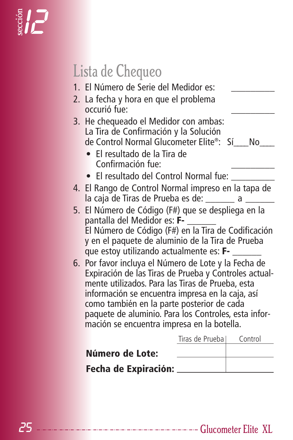 Lista de chequeo | Bayer HealthCare Elite XL User Manual | Page 64 / 70