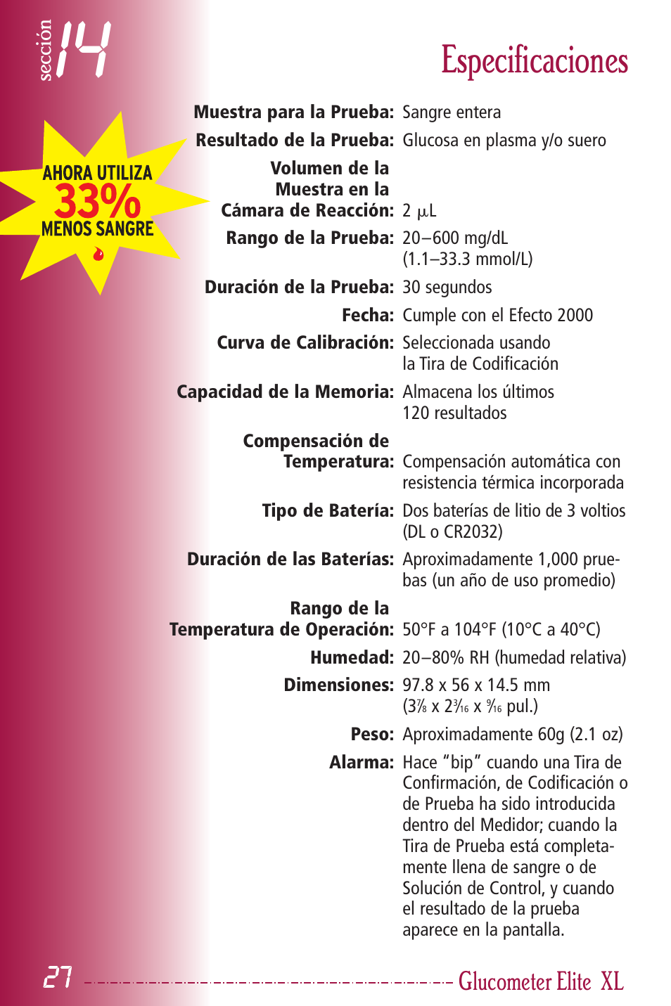 Especificaciones, Glucometer elite | Bayer HealthCare Elite XL User Manual | Page 66 / 70