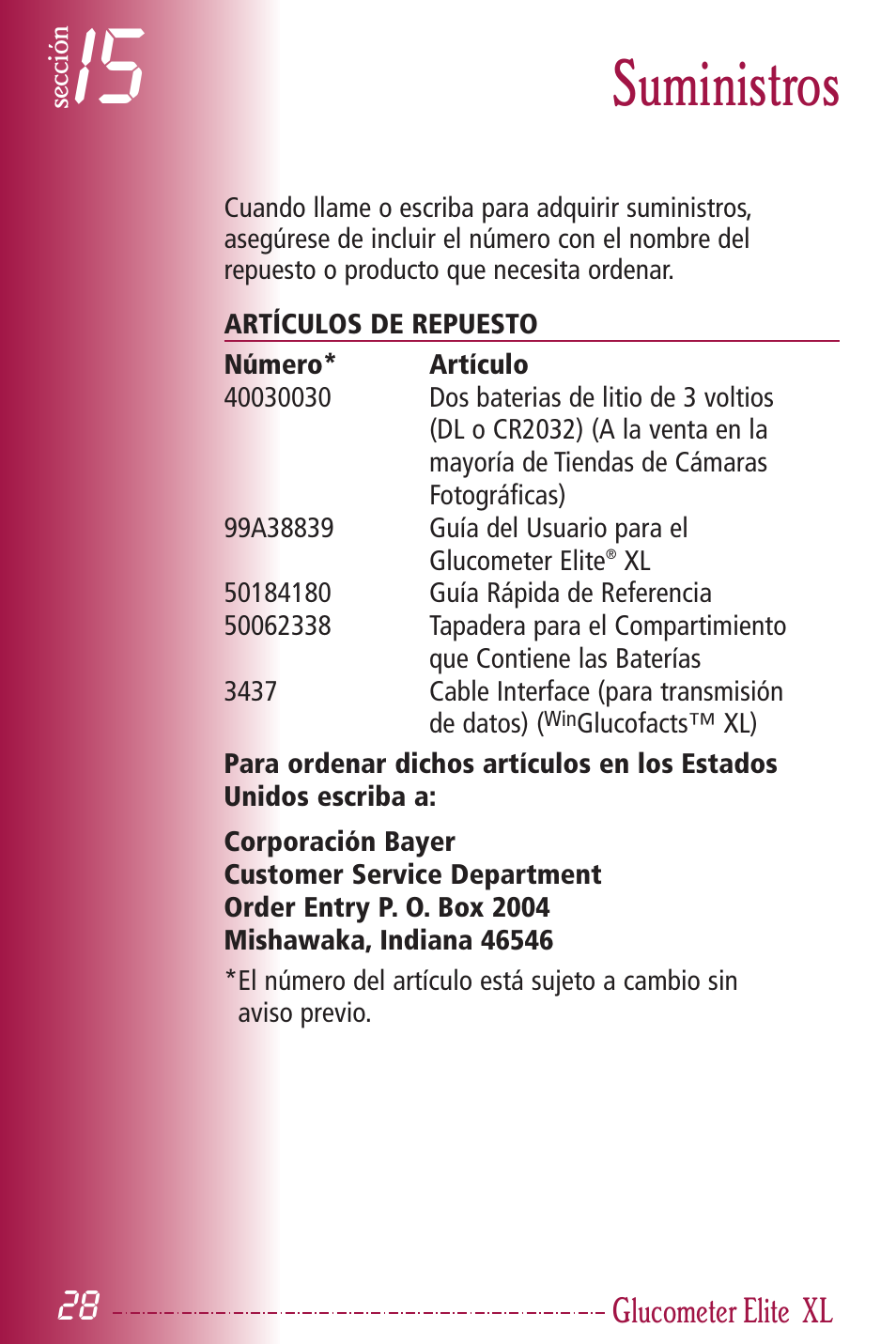 Suministros, Glucometer elite | Bayer HealthCare Elite XL User Manual | Page 67 / 70