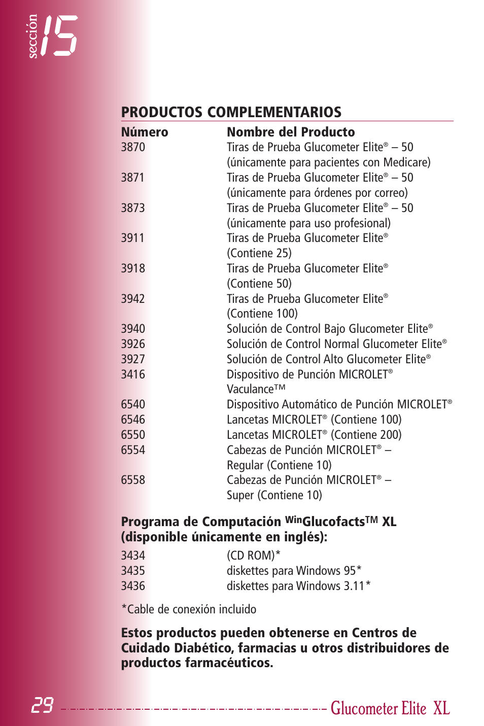 Glucometer elite, Sección, Productos complementarios | Bayer HealthCare Elite XL User Manual | Page 68 / 70