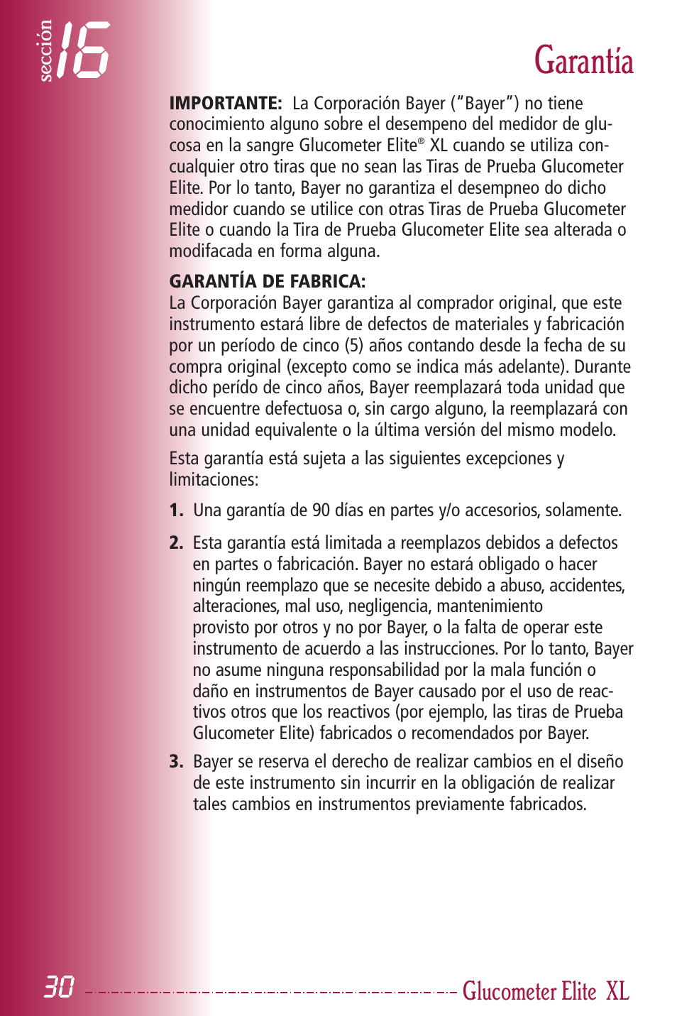 Garantía, Glucometer elite | Bayer HealthCare Elite XL User Manual | Page 69 / 70