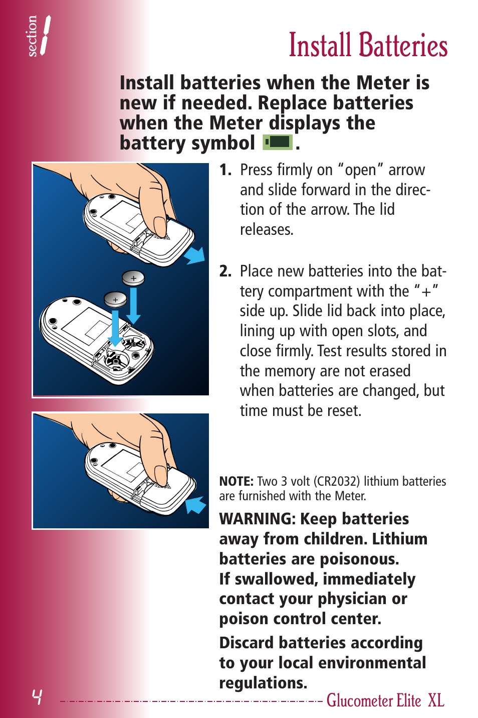 Install batteries | Bayer HealthCare Elite XL User Manual | Page 8 / 70