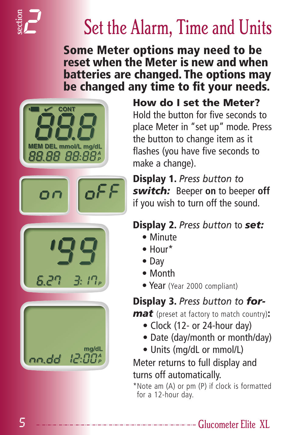 Set the alarm, time and units | Bayer HealthCare Elite XL User Manual | Page 9 / 70