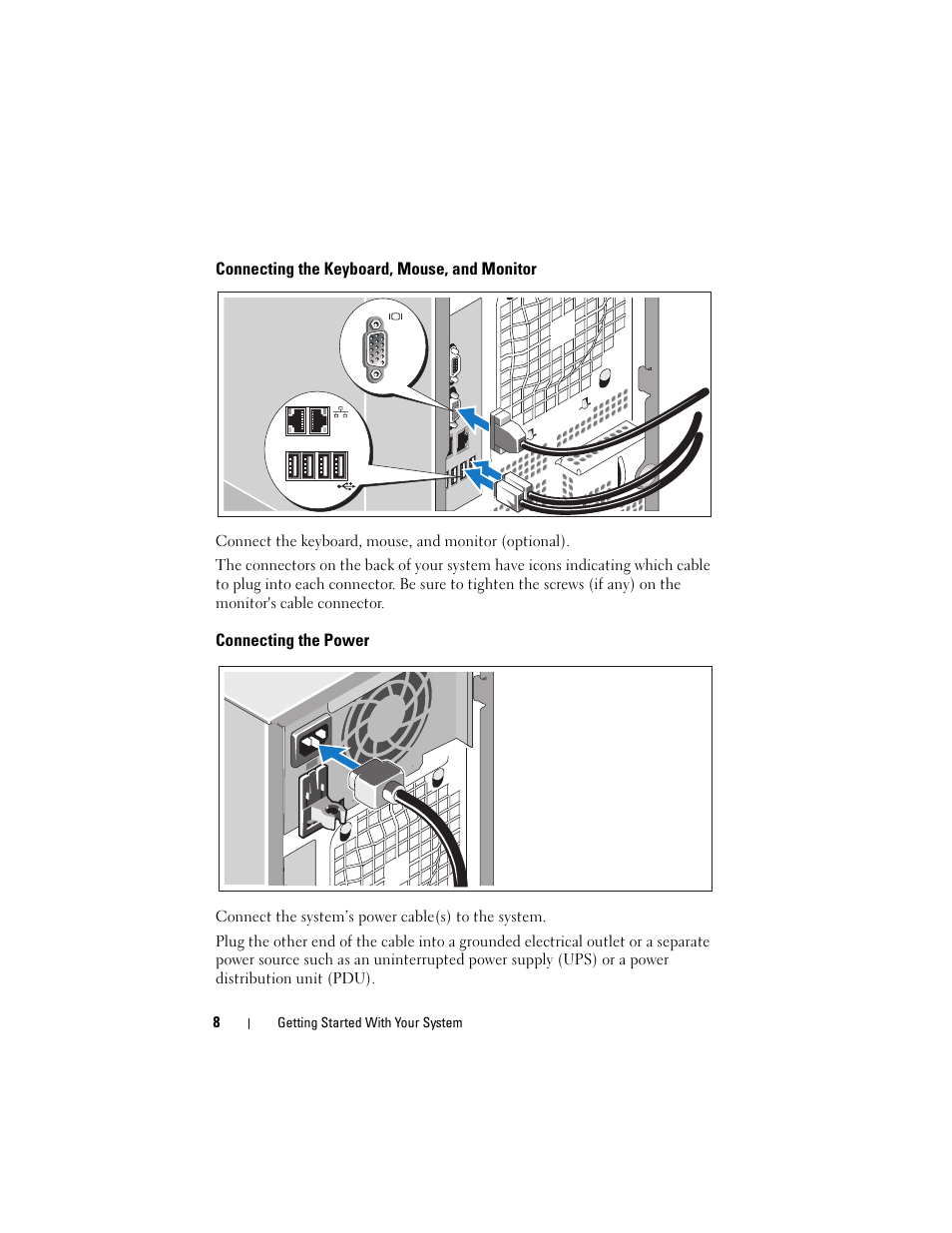 Connecting the keyboard, mouse, and monitor, Connecting the power | Dell PowerEdge T300 User Manual | Page 10 / 58