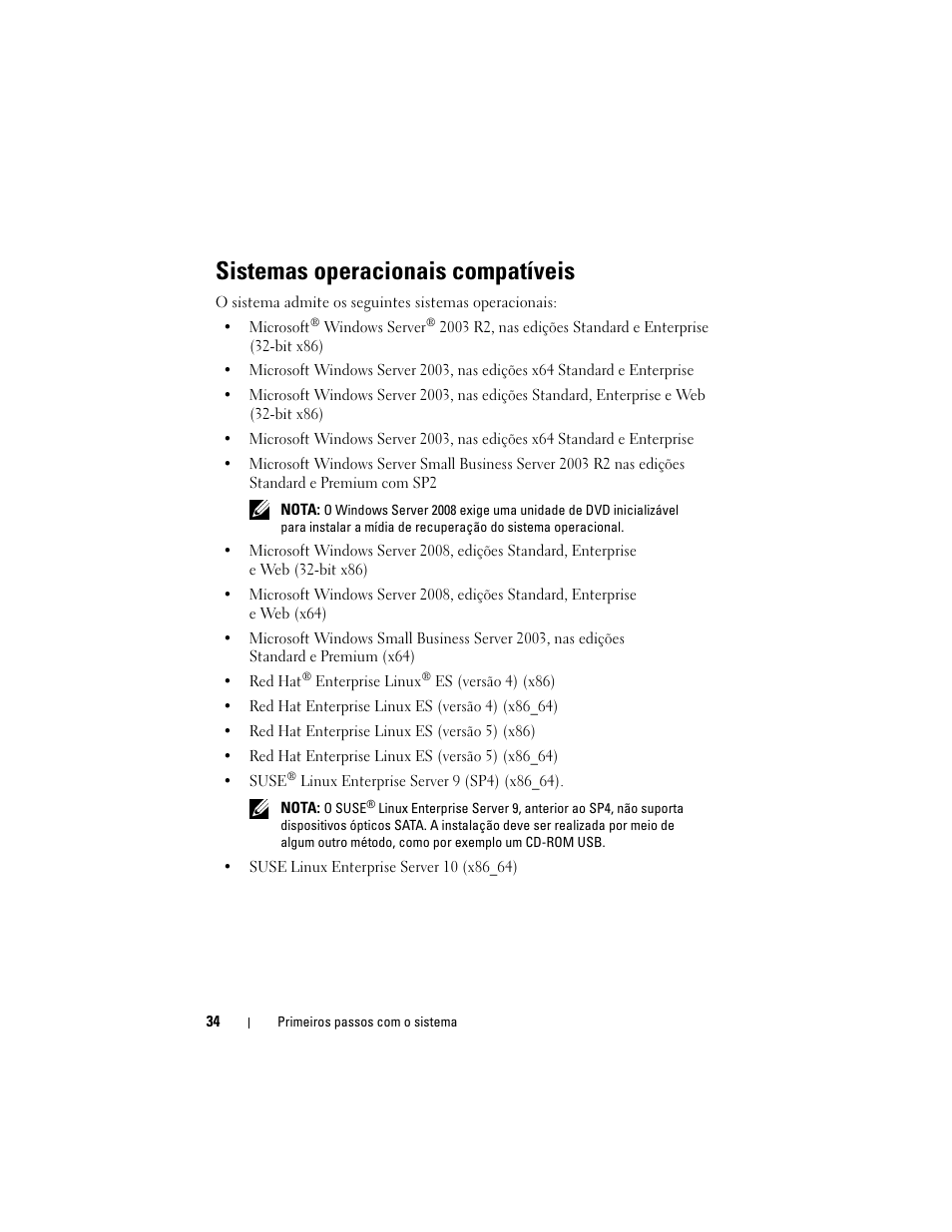 Sistemas operacionais compatíveis | Dell PowerEdge T300 User Manual | Page 36 / 58