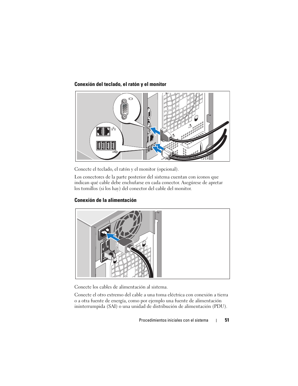 Conexión del teclado, el ratón y el monitor, Conexión de la alimentación | Dell PowerEdge T300 User Manual | Page 53 / 58