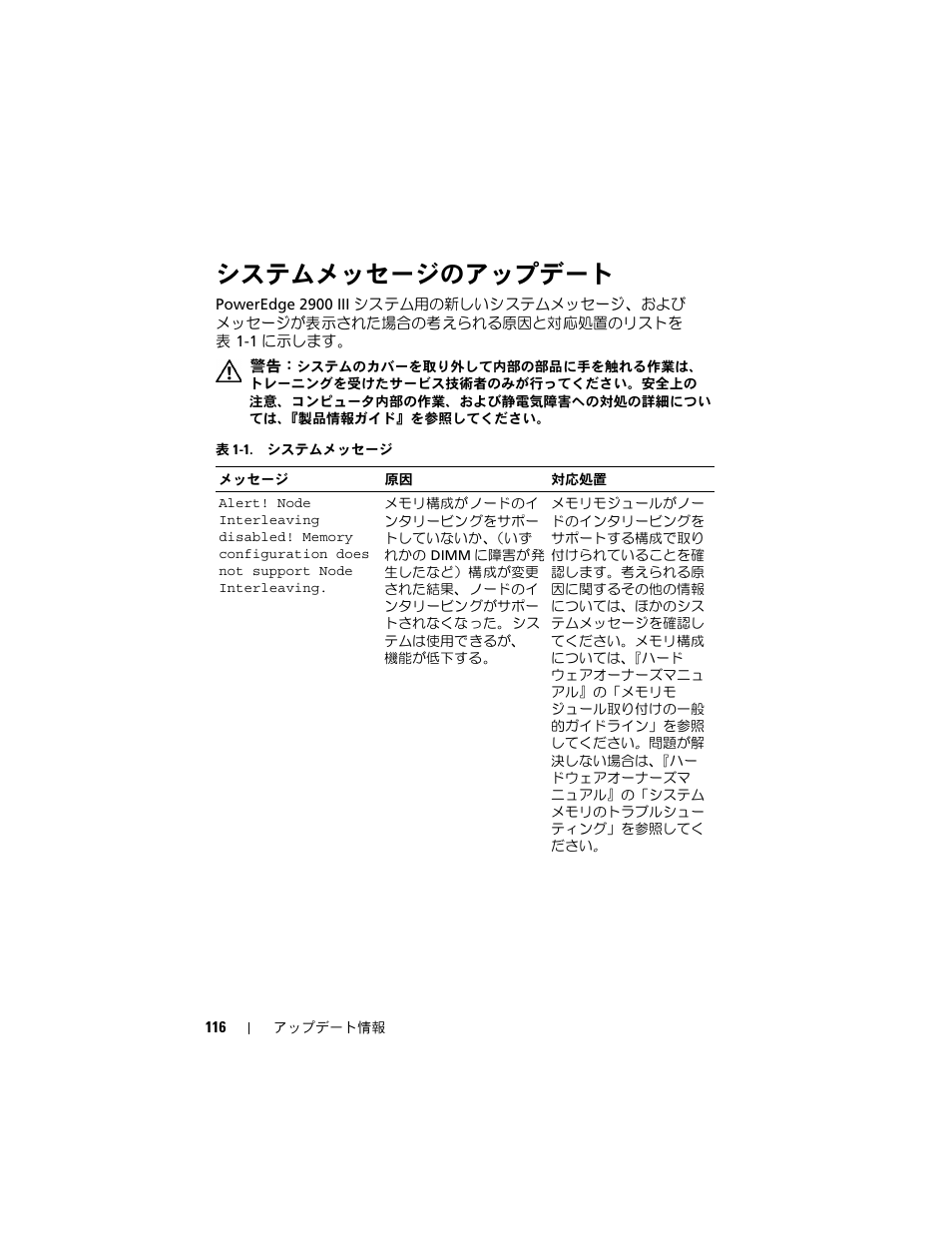 システムメッセージのアップデート | Dell PowerEdge 2900 User Manual | Page 116 / 190