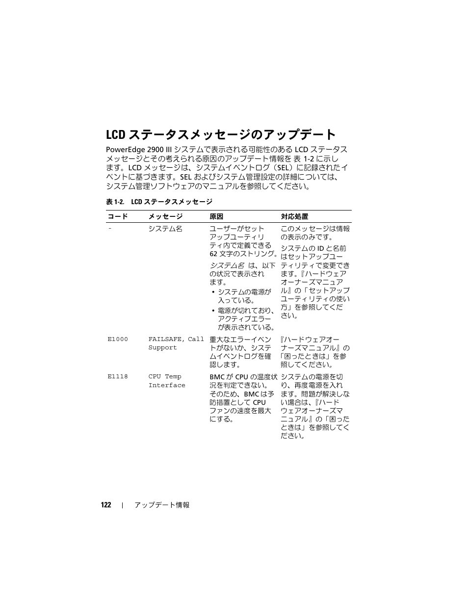 Lcd ステータスメッセージのアップデート, ステータスメッセージのアップデート | Dell PowerEdge 2900 User Manual | Page 122 / 190