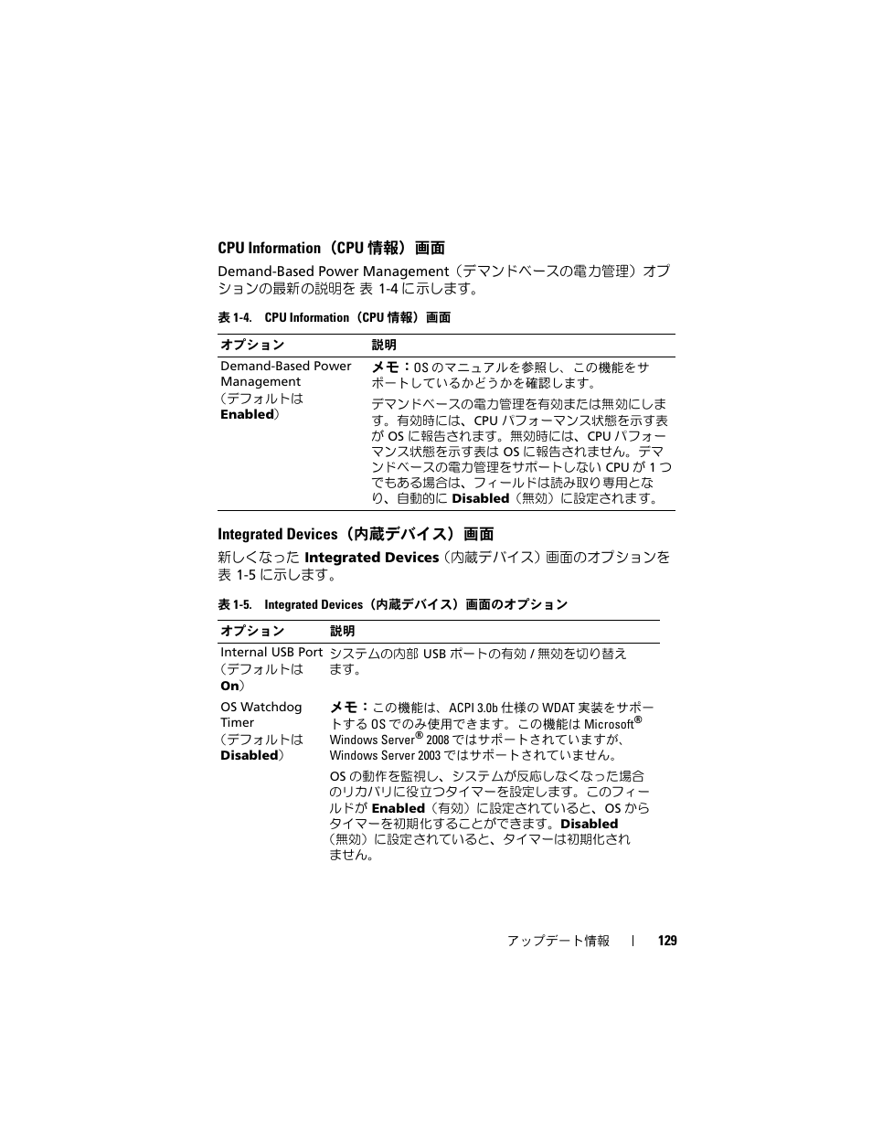 Cpu information（cpu 情報）画面, Integrated devices（内蔵デバイス）画面, Cpu information | Cpu 情報, Integrated devices, 内蔵デバイス | Dell PowerEdge 2900 User Manual | Page 129 / 190