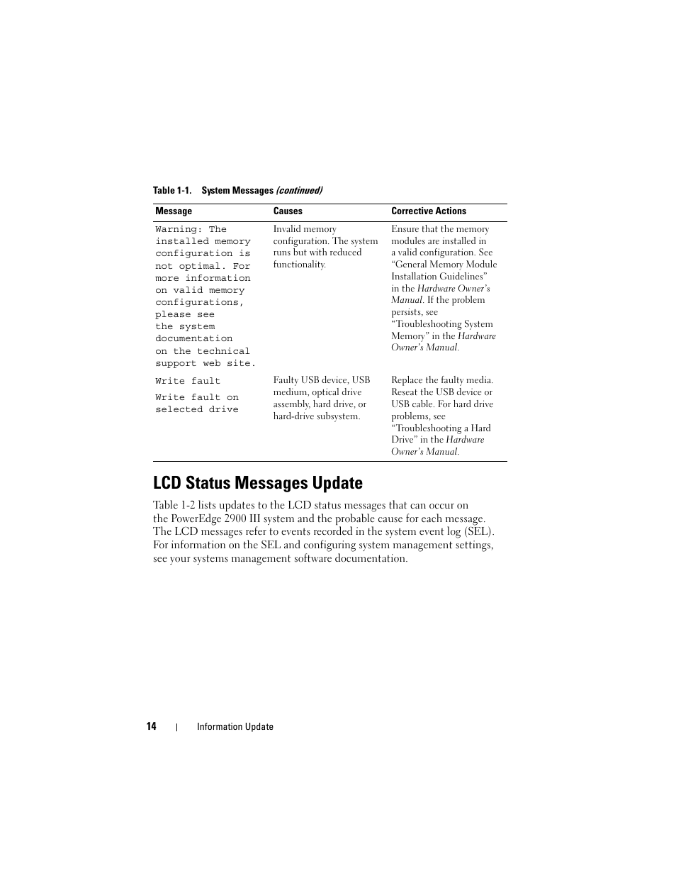 Lcd status messages update | Dell PowerEdge 2900 User Manual | Page 14 / 190