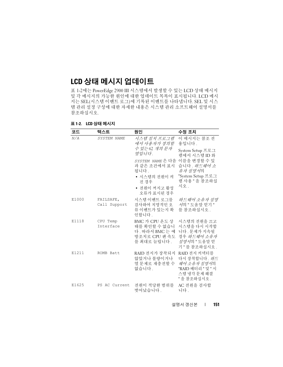 Lcd 상태 메시지 업데이트, 상태 메시지 업데이트 | Dell PowerEdge 2900 User Manual | Page 151 / 190