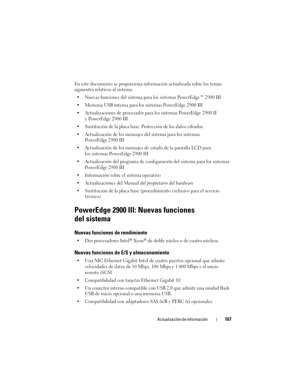 Poweredge 2900 iii: nuevas funciones del sistema, Nuevas funciones de rendimiento, Nuevas funciones de e/s y almacenamiento | Dell PowerEdge 2900 User Manual | Page 167 / 190