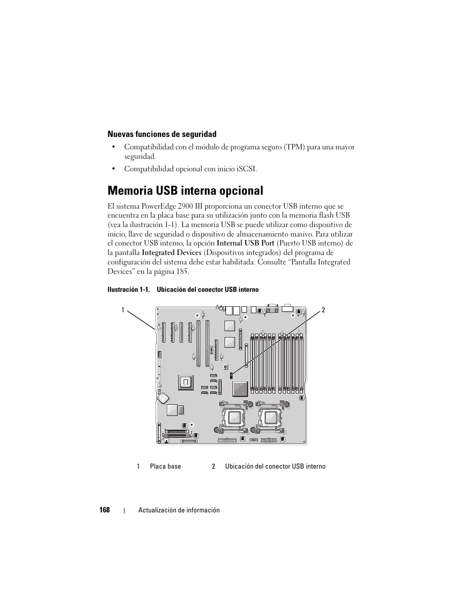 Nuevas funciones de seguridad, Memoria usb interna opcional | Dell PowerEdge 2900 User Manual | Page 168 / 190