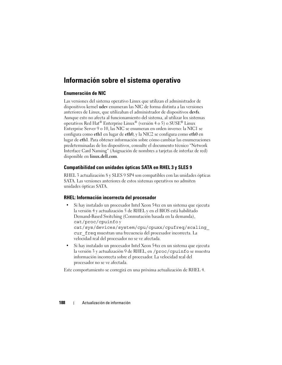 Información sobre el sistema operativo, Enumeración de nic, Rhel: información incorrecta del procesador | Dell PowerEdge 2900 User Manual | Page 188 / 190