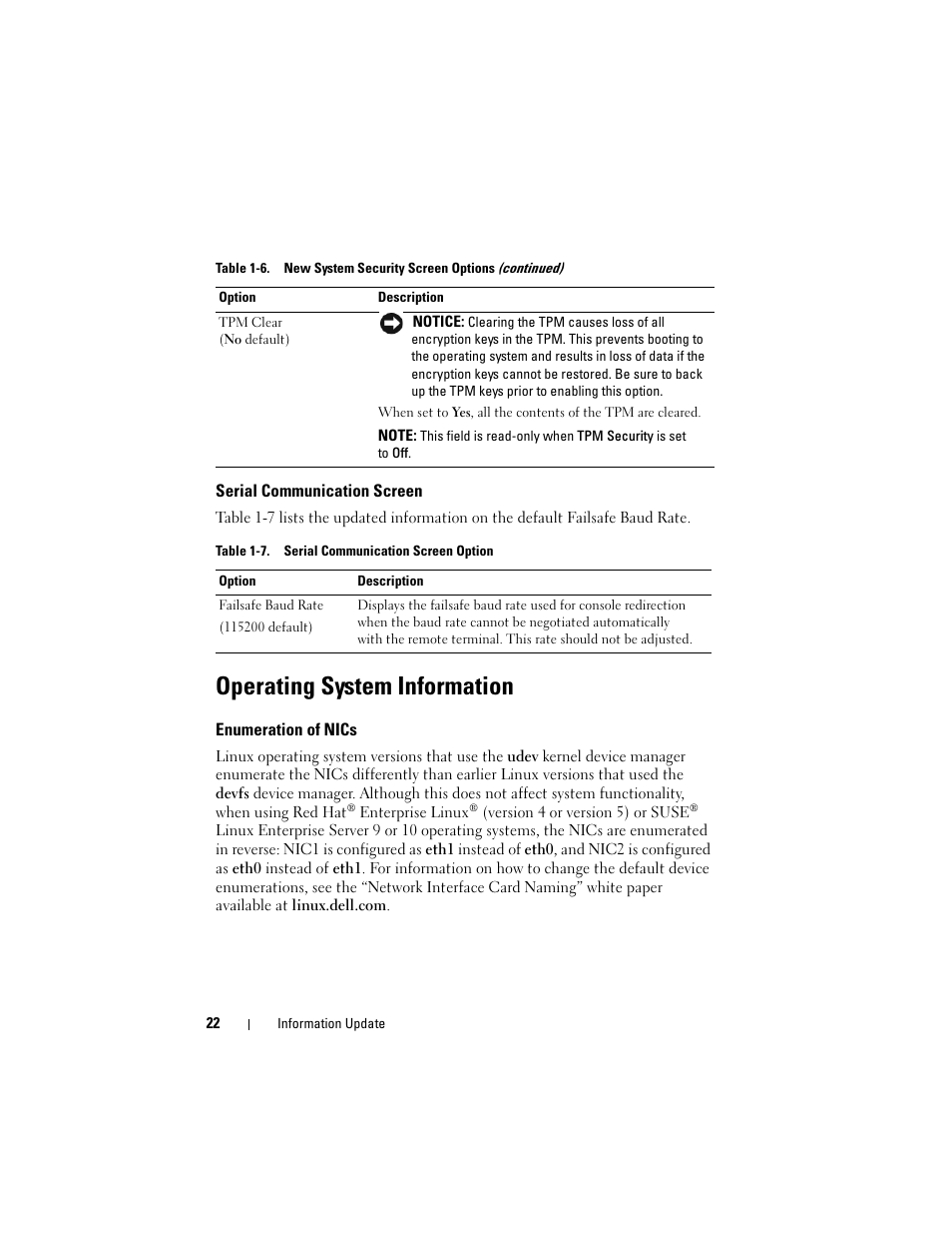 Serial communication screen, Operating system information, Enumeration of nics | Dell PowerEdge 2900 User Manual | Page 22 / 190