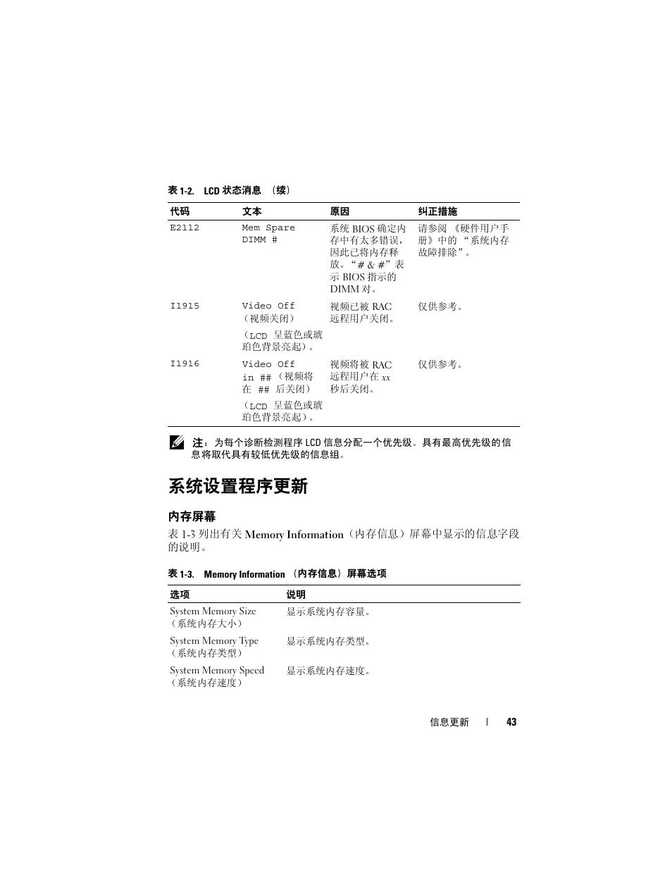 系统设置程序更新, 内存屏幕 | Dell PowerEdge 2900 User Manual | Page 43 / 190