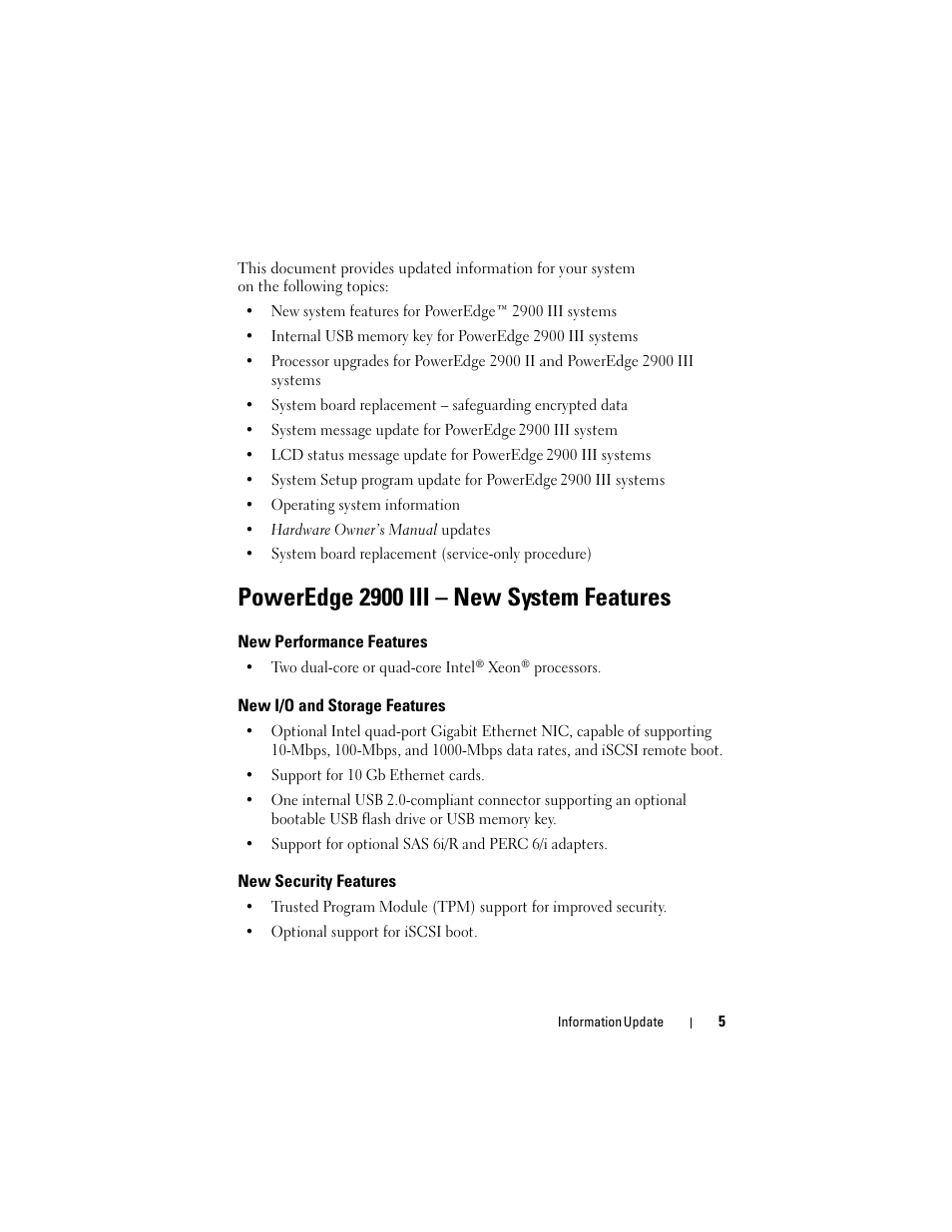 Poweredge 2900 iii - new system features, New performance features, New i/o and storage features | New security features, Poweredge 2900 iii – new system features | Dell PowerEdge 2900 User Manual | Page 5 / 190