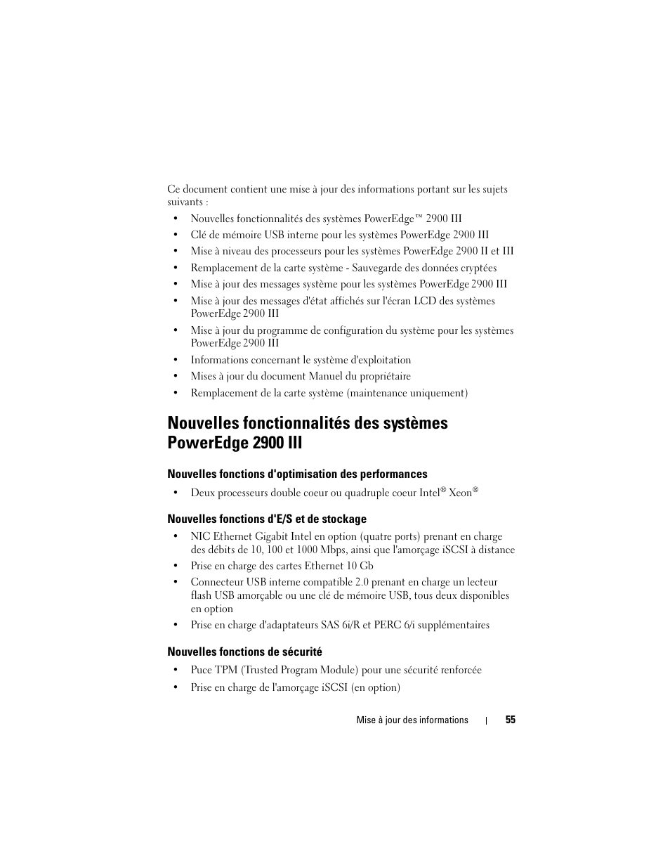 Nouvelles fonctions d'e/s et de stockage, Nouvelles fonctions de sécurité | Dell PowerEdge 2900 User Manual | Page 55 / 190