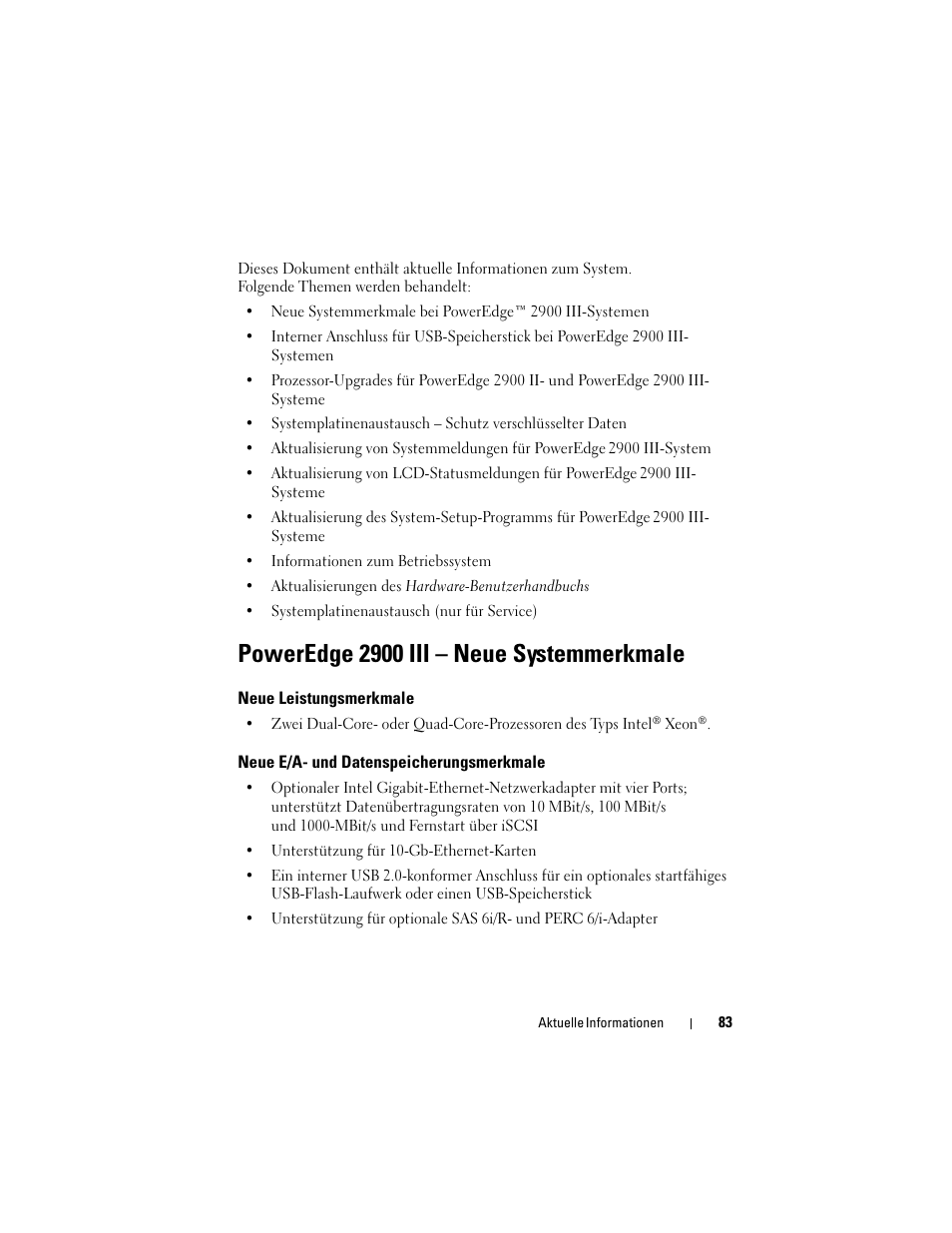 Poweredge 2900 iii - neue systemmerkmale, Neue leistungsmerkmale, Neue e/a- und datenspeicherungsmerkmale | Poweredge 2900 iii – neue systemmerkmale | Dell PowerEdge 2900 User Manual | Page 83 / 190