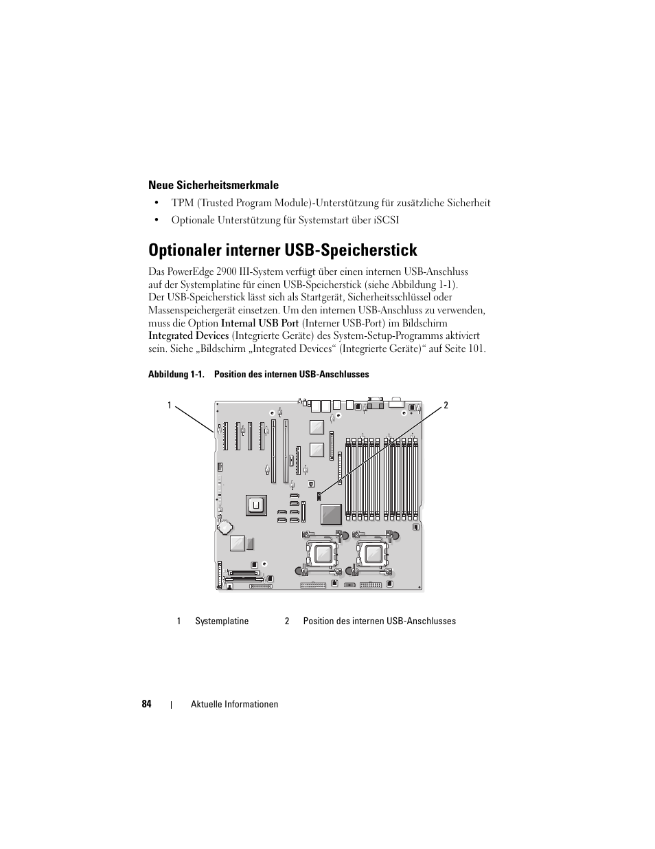 Neue sicherheitsmerkmale, Optionaler interner usb-speicherstick | Dell PowerEdge 2900 User Manual | Page 84 / 190