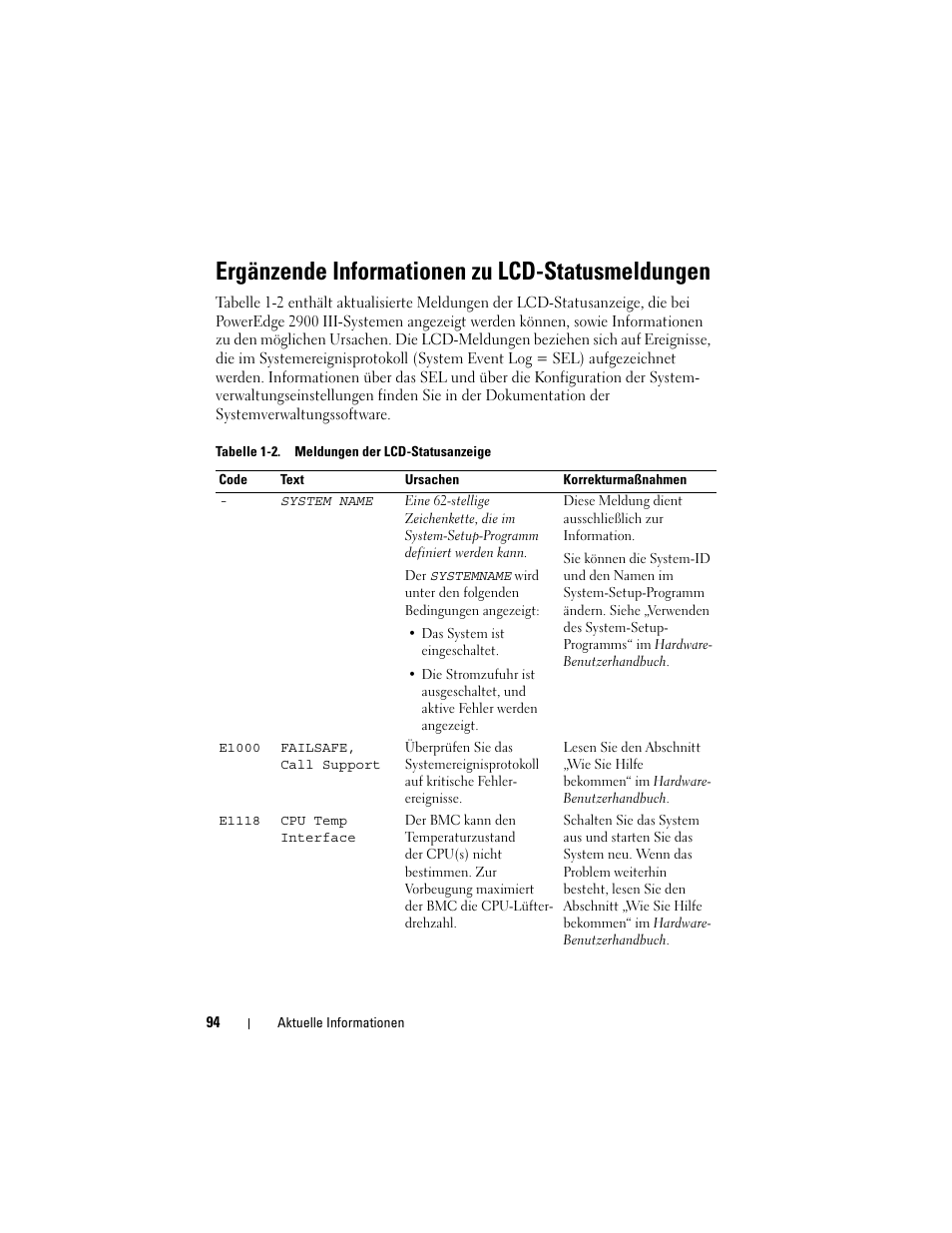 Ergänzende informationen zu lcd-statusmeldungen | Dell PowerEdge 2900 User Manual | Page 94 / 190