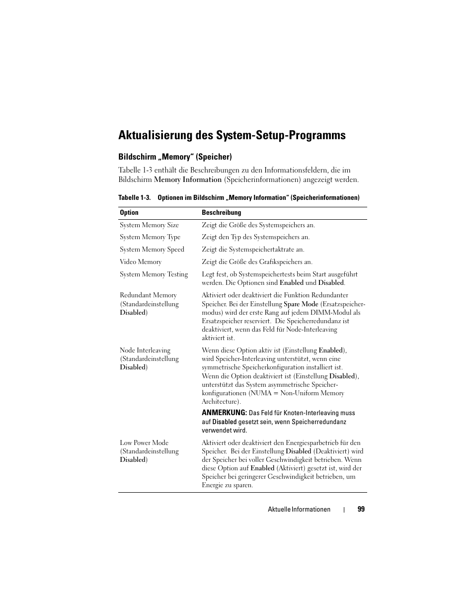 Aktualisierung des system-setup-programms, Bildschirm „memory“ (speicher) | Dell PowerEdge 2900 User Manual | Page 99 / 190