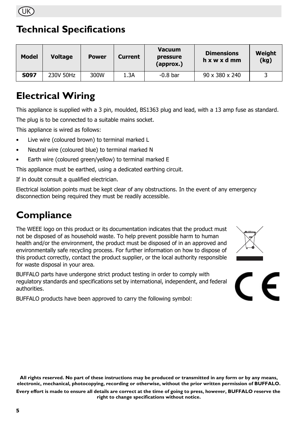 Technical specifications electrical wiring, Compliance | Buffalo S097 User Manual | Page 10 / 64