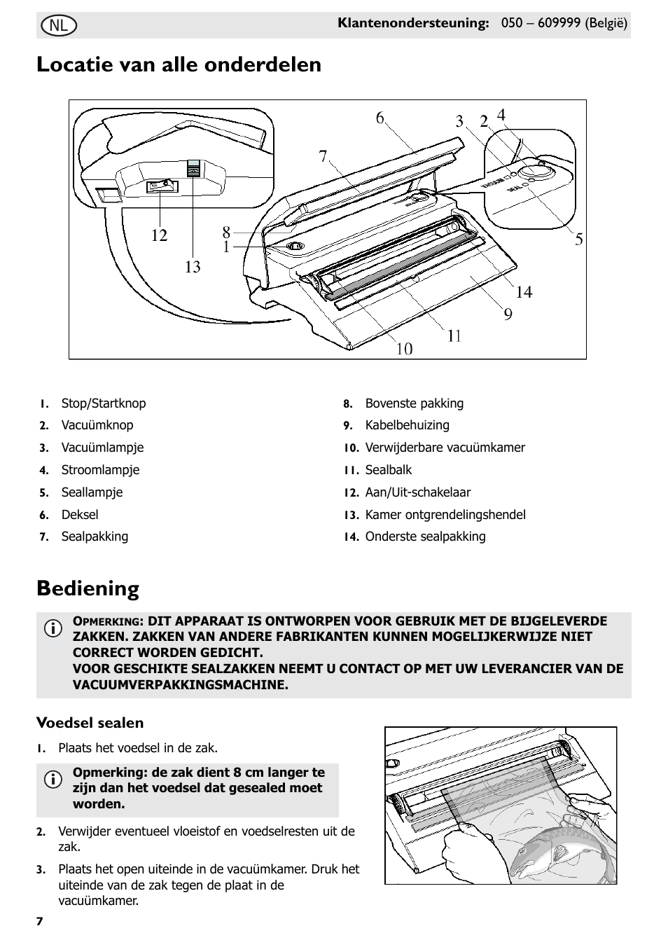 Locatie van alle onderdelen bediening, Voedsel sealen | Buffalo S097 User Manual | Page 12 / 64