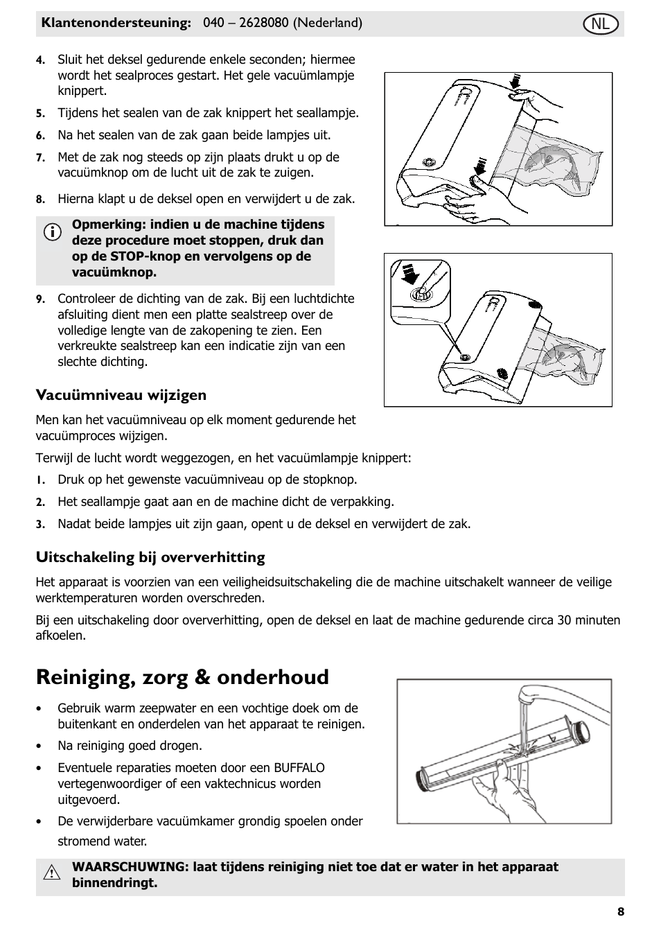 Reiniging, zorg & onderhoud, Vacuümniveau wijzigen, Uitschakeling bij oververhitting | Buffalo S097 User Manual | Page 13 / 64