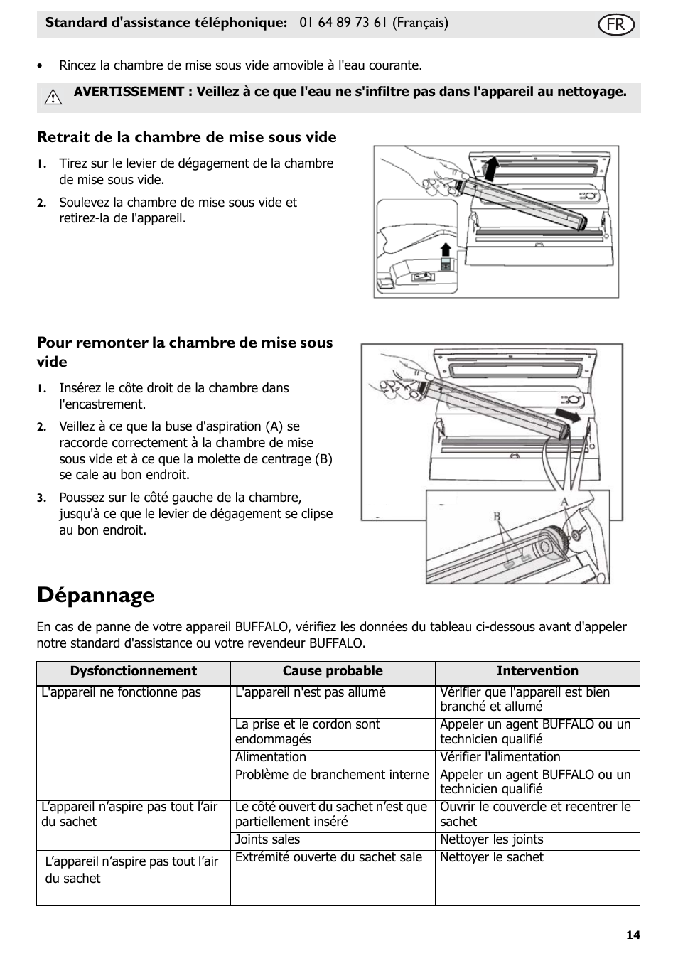 Dépannage, Retrait de la chambre de mise sous vide, Pour remonter la chambre de mise sous vide | Buffalo S097 User Manual | Page 19 / 64