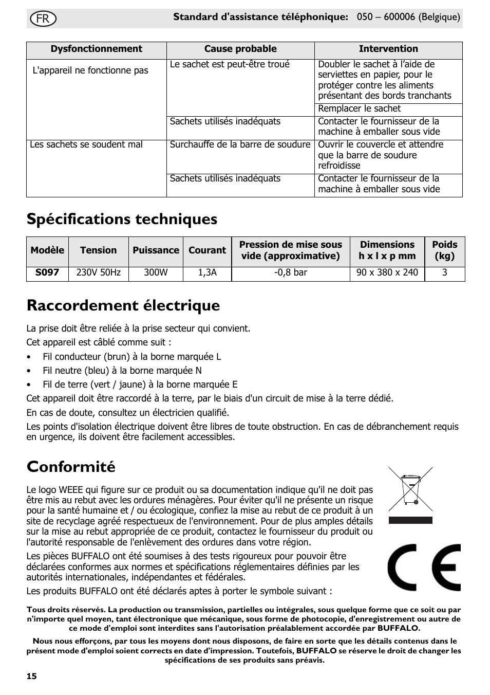 Spécifications techniques raccordement électrique, Conformité | Buffalo S097 User Manual | Page 20 / 64