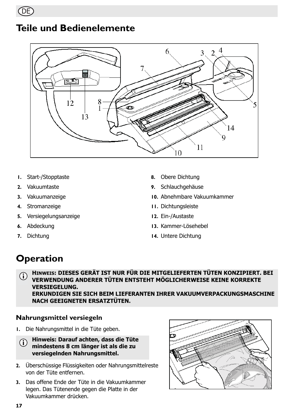 Teile und bedienelemente operation, Nahrungsmittel versiegeln | Buffalo S097 User Manual | Page 22 / 64