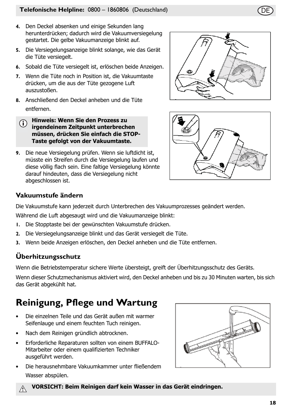 Reinigung, pflege und wartung, Vakuumstufe ändern, Überhitzungsschutz | Buffalo S097 User Manual | Page 23 / 64