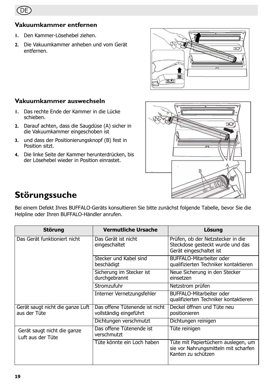 Störungssuche, De vakuumkammer entfernen, Vakuumkammer auswechseln | Buffalo S097 User Manual | Page 24 / 64