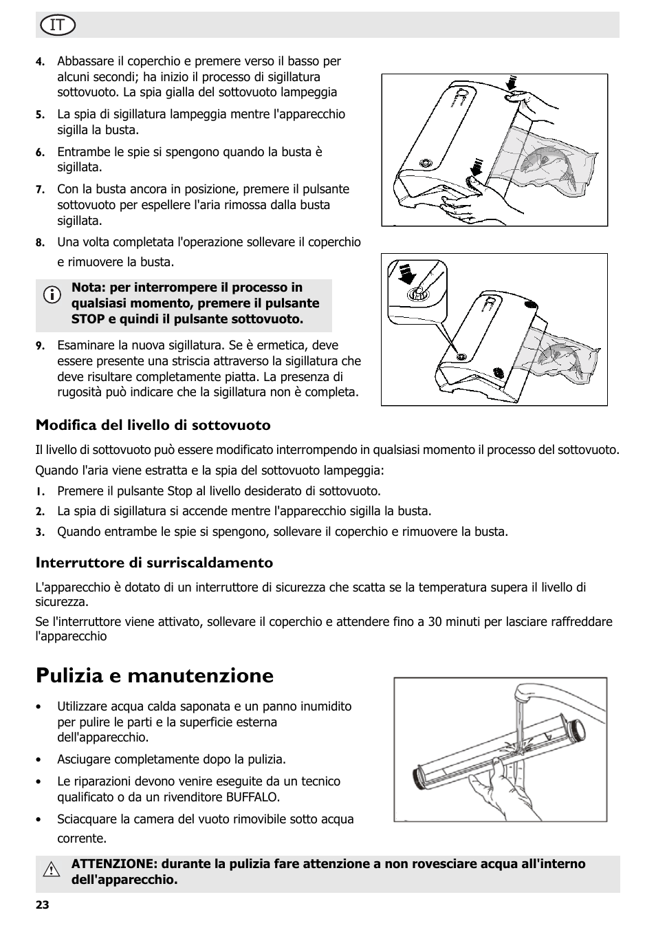 Pulizia e manutenzione, Modifica del livello di sottovuoto, Interruttore di surriscaldamento | Buffalo S097 User Manual | Page 28 / 64