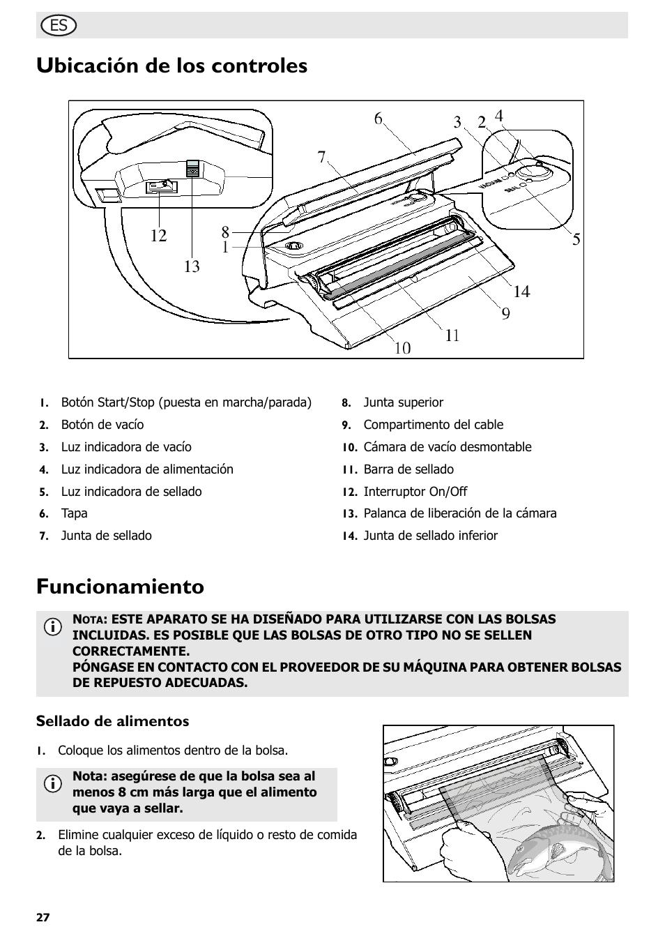 Ubicación de los controles funcionamiento, Sellado de alimentos | Buffalo S097 User Manual | Page 32 / 64