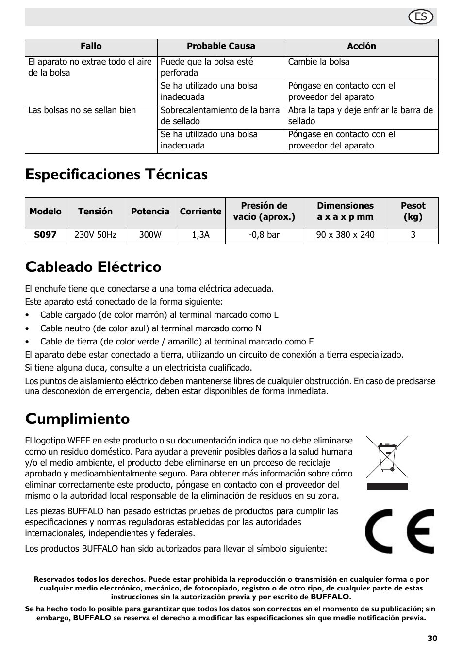 Especificaciones técnicas cableado eléctrico, Cumplimiento | Buffalo S097 User Manual | Page 35 / 64