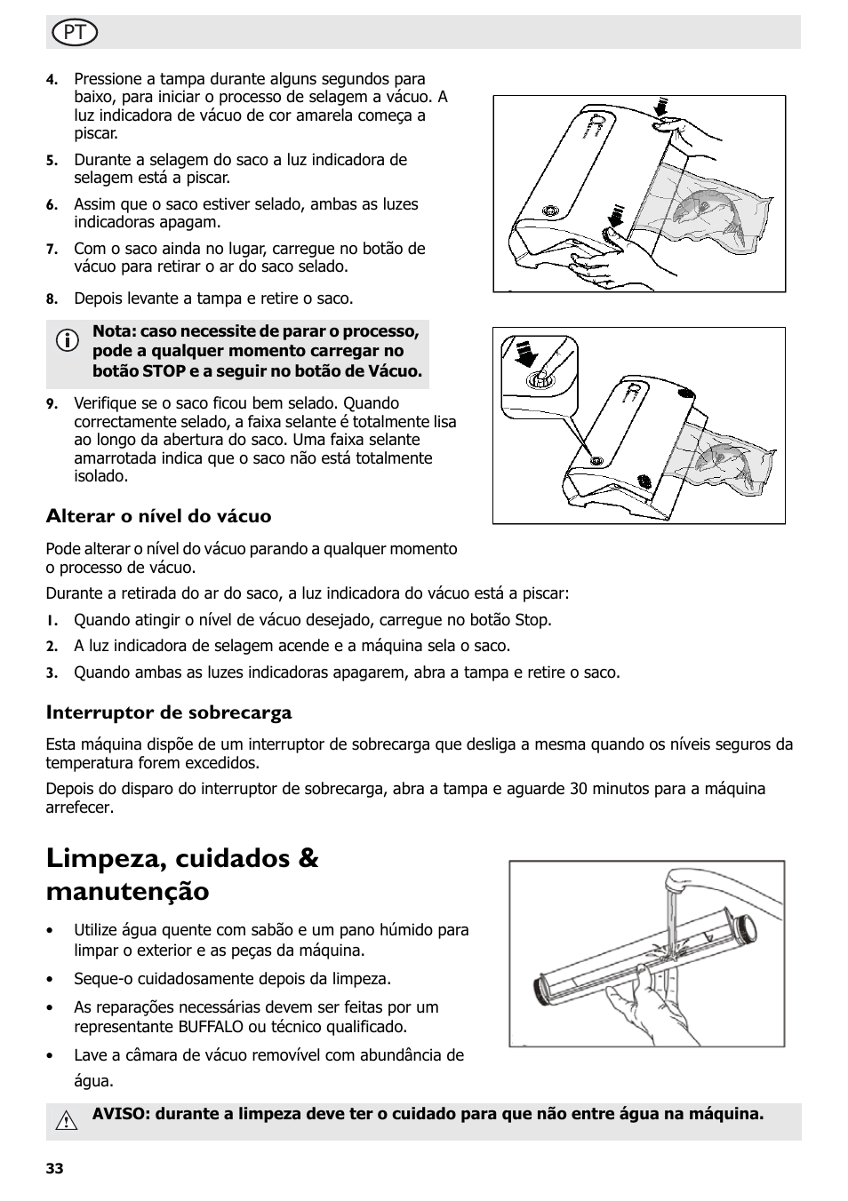 Limpeza, cuidados & manutenção, Alterar o nível do vácuo, Interruptor de sobrecarga | Buffalo S097 User Manual | Page 38 / 64