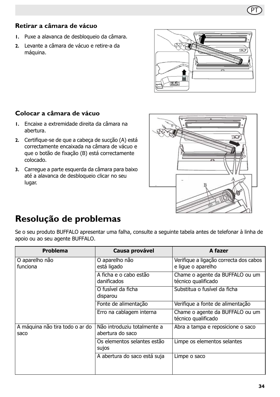 Resolução de problemas, Pt retirar a câmara de vácuo, Colocar a câmara de vácuo | Buffalo S097 User Manual | Page 39 / 64