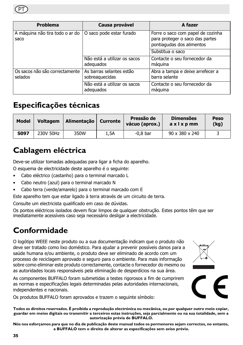 Especificações técnicas cablagem eléctrica, Conformidade | Buffalo S097 User Manual | Page 40 / 64