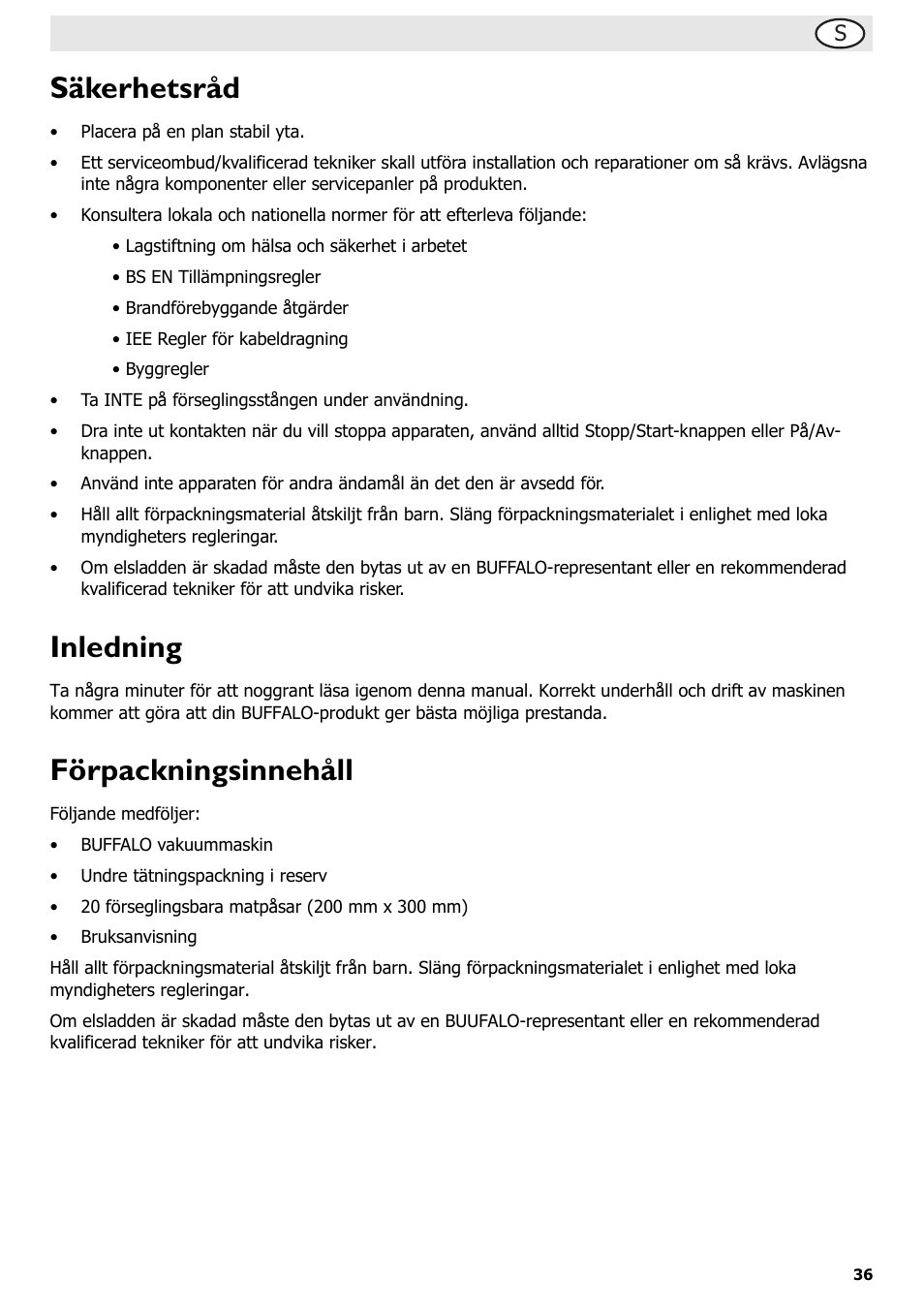 Säkerhetsråd, Inledning, Förpackningsinnehåll | Buffalo S097 User Manual | Page 41 / 64