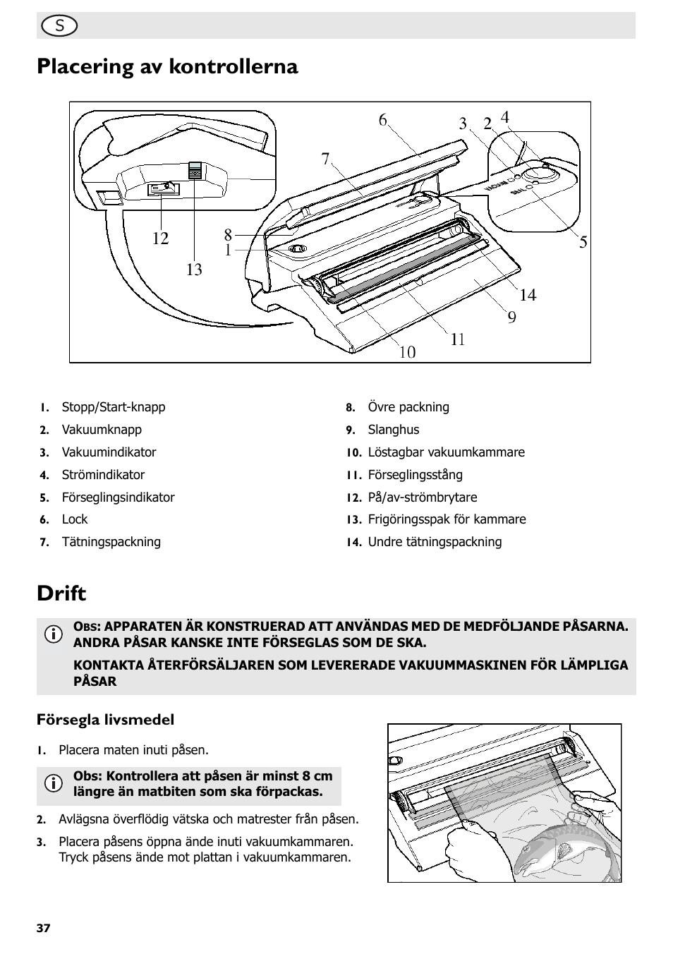 Placering av kontrollerna drift, Försegla livsmedel | Buffalo S097 User Manual | Page 42 / 64