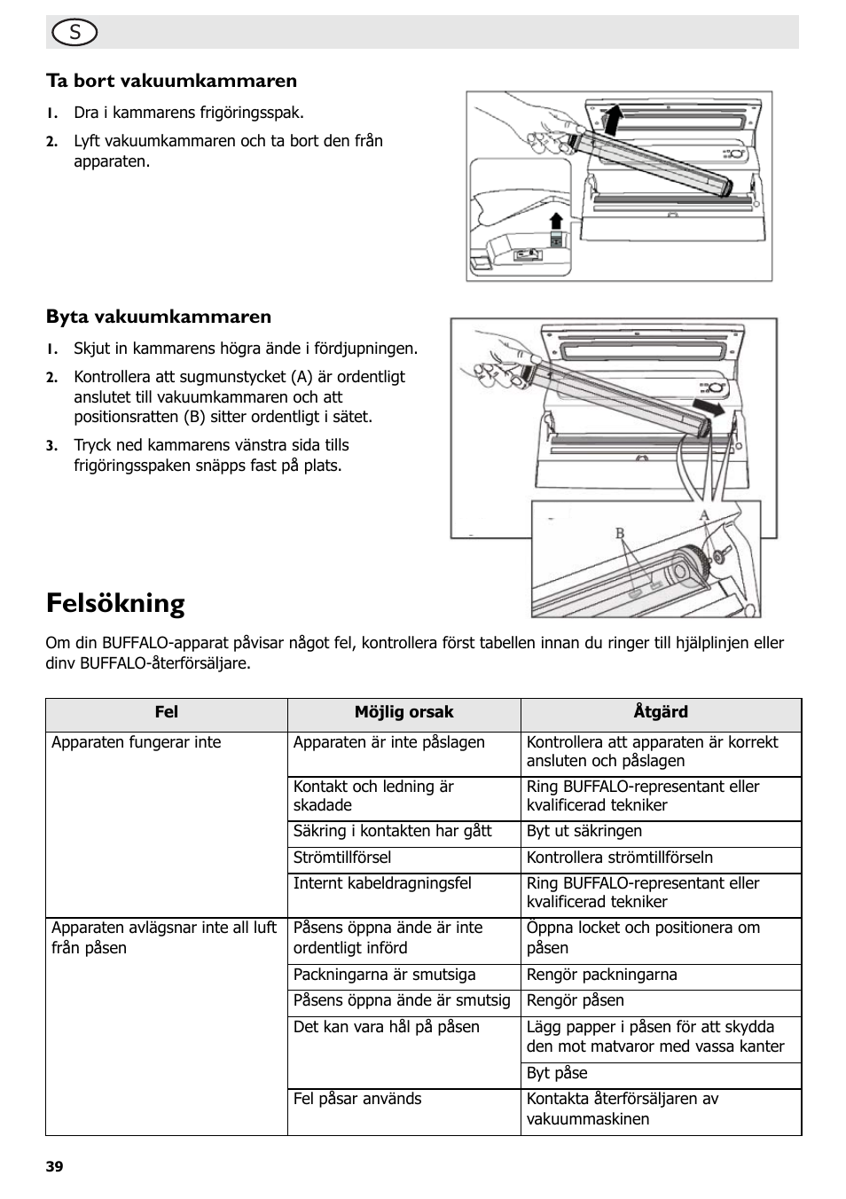 Felsökning, Sta bort vakuumkammaren, Byta vakuumkammaren | Buffalo S097 User Manual | Page 44 / 64