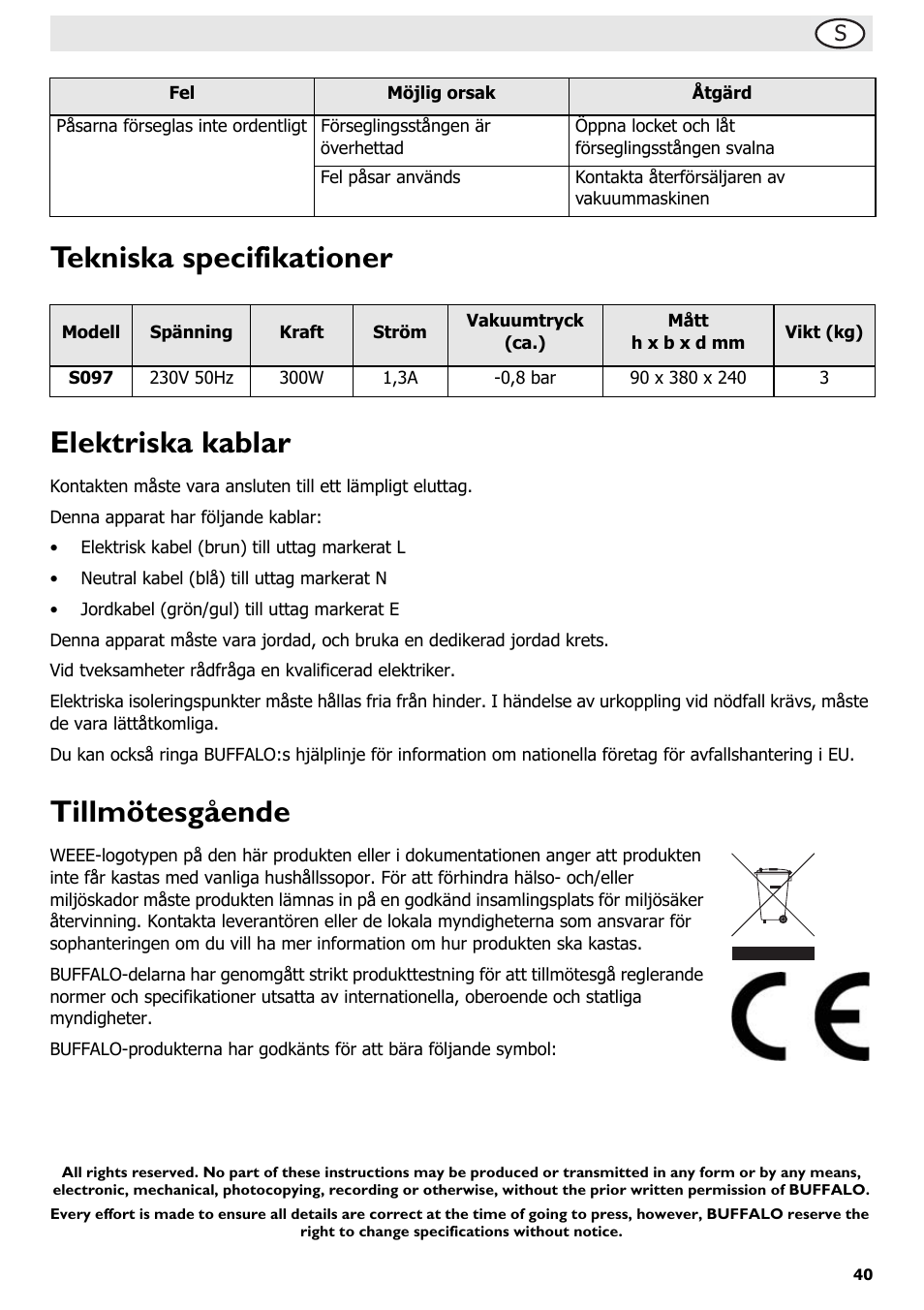 Tekniska specifikationer elektriska kablar, Tillmötesgående | Buffalo S097 User Manual | Page 45 / 64