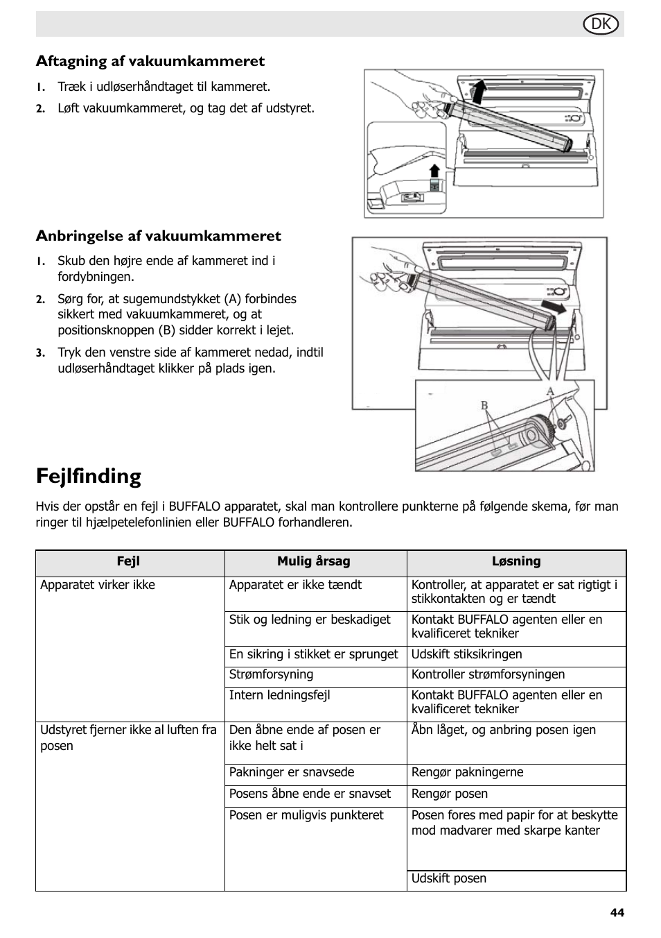 Fejlfinding, Dk aftagning af vakuumkammeret, Anbringelse af vakuumkammeret | Buffalo S097 User Manual | Page 49 / 64