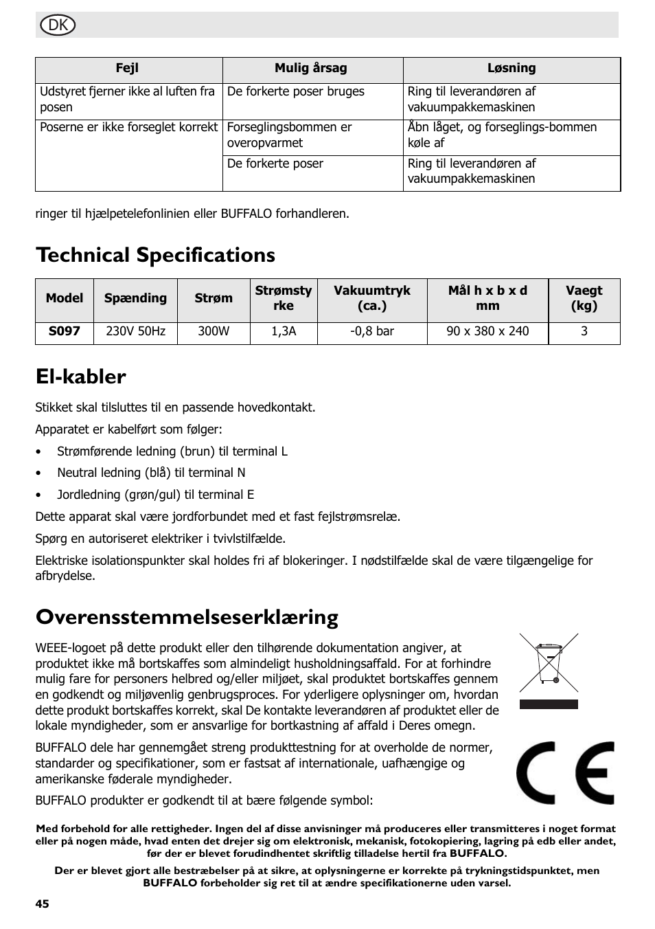 Technical specifications el-kabler, Overensstemmelseserklæring | Buffalo S097 User Manual | Page 50 / 64