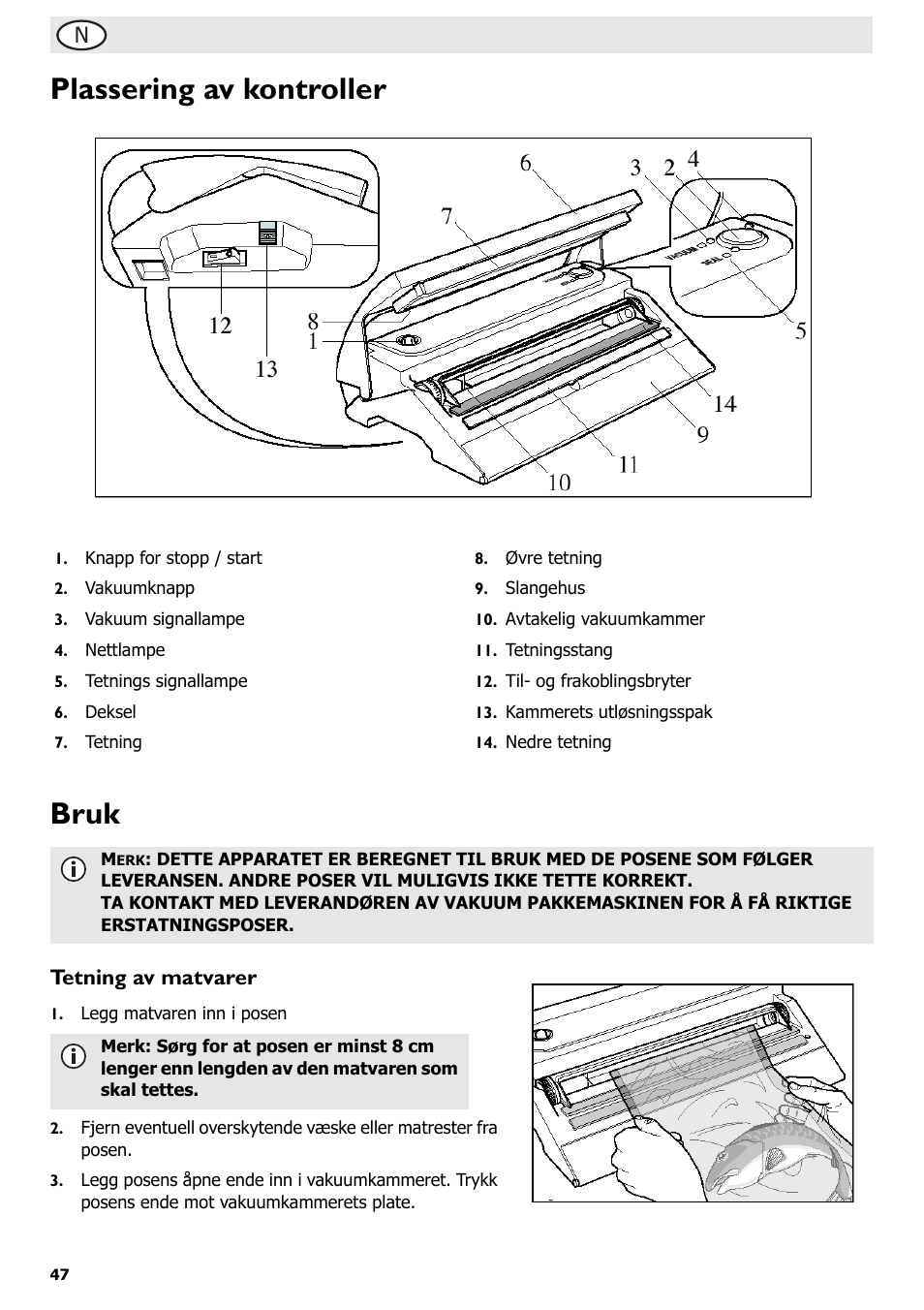Plassering av kontroller bruk, Tetning av matvarer | Buffalo S097 User Manual | Page 52 / 64