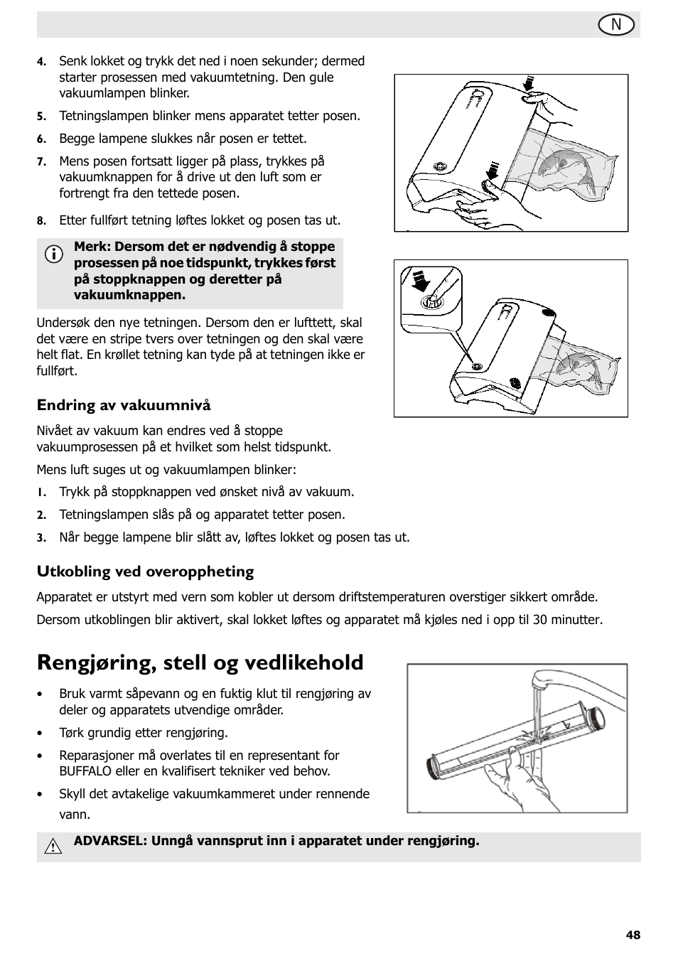 Rengjøring, stell og vedlikehold, Endring av vakuumnivå, Utkobling ved overoppheting | Buffalo S097 User Manual | Page 53 / 64