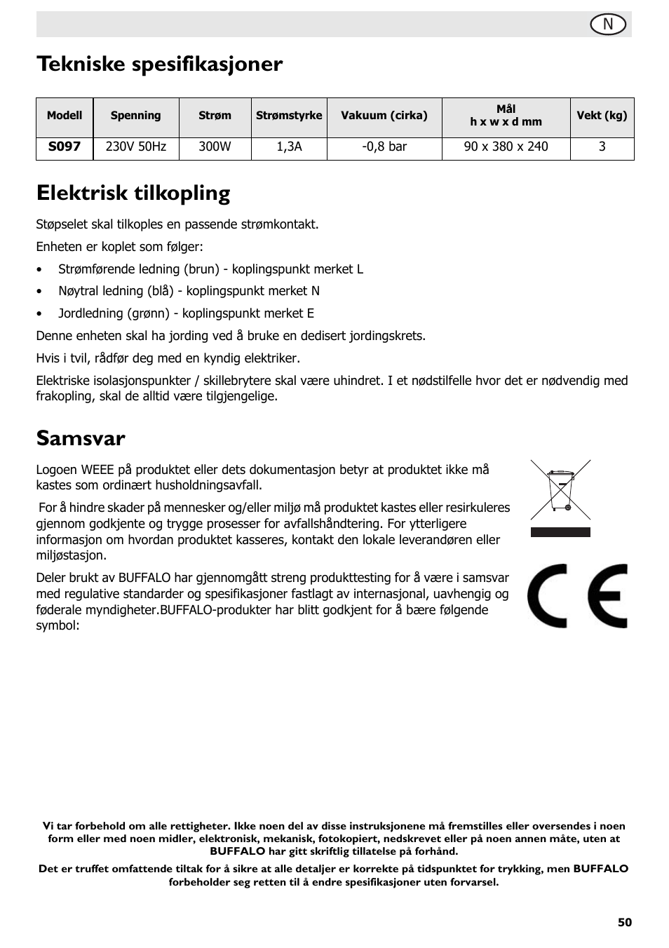 Tekniske spesifikasjoner elektrisk tilkopling, Samsvar | Buffalo S097 User Manual | Page 55 / 64