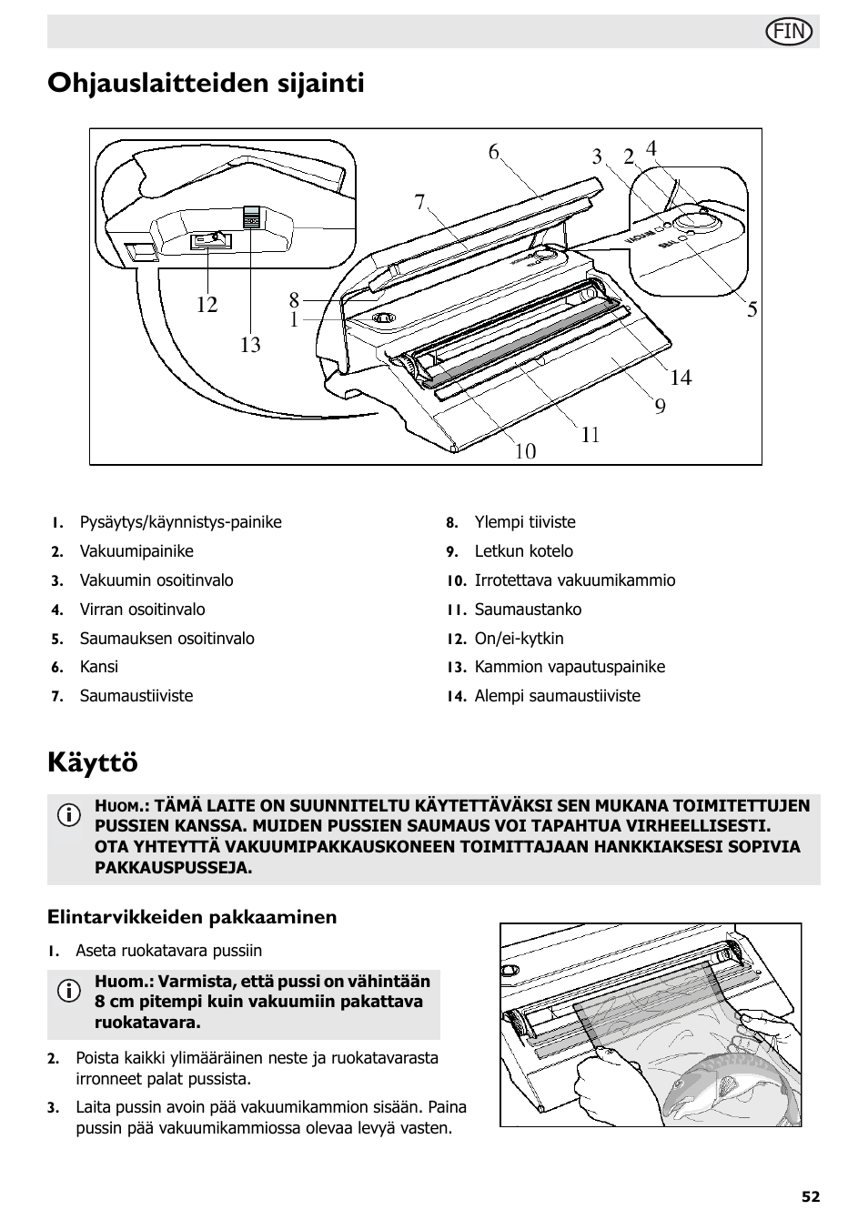 Ohjauslaitteiden sijainti käyttö, Elintarvikkeiden pakkaaminen | Buffalo S097 User Manual | Page 57 / 64